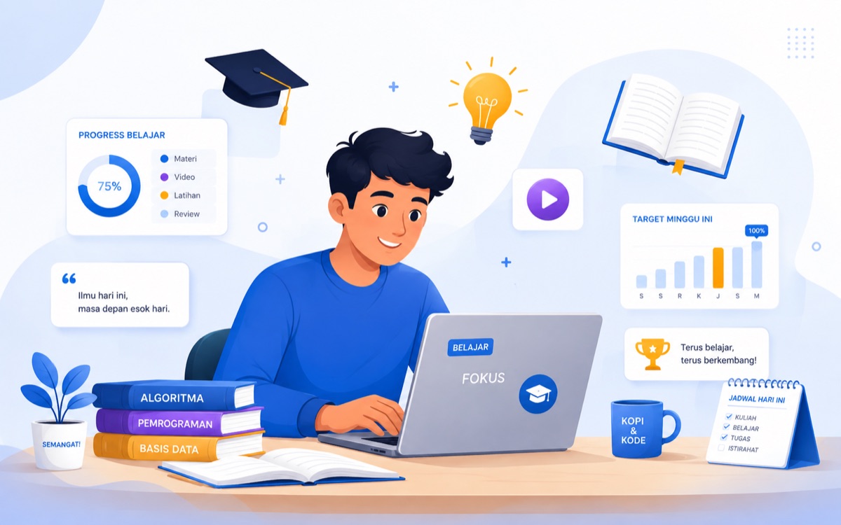 Ilustrasi mahasiswa belajar menggunakan laptop